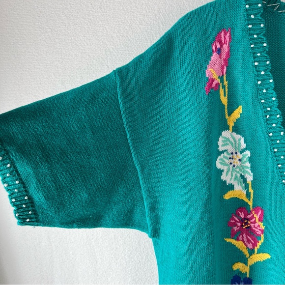 Vintage Sweater XL Lucia Cardigan Teal Green Knit Embroidered Floral Scalloped - Picture 9 of 16